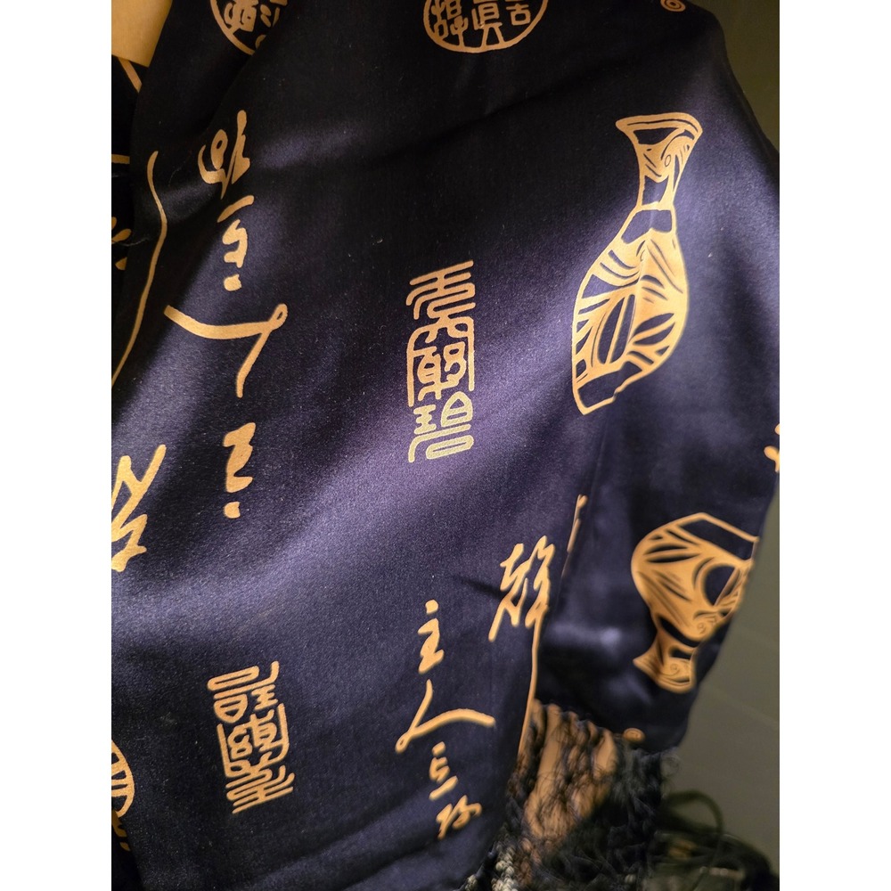 Navy Blue Satin Shawl Scarf with Gold Asian Script and Vase Print Fringe Accent - Picture 2 of 7